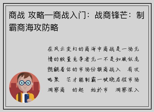 商战 攻略—商战入门：战商锋芒：制霸商海攻防略