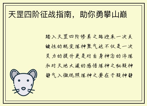 天罡四阶征战指南，助你勇攀山巅